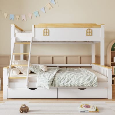 Lit superposé - MUVOE - 90x200 cm - Pin + MDF - Blanc + Gris - Avec toit et fenêtres blanc