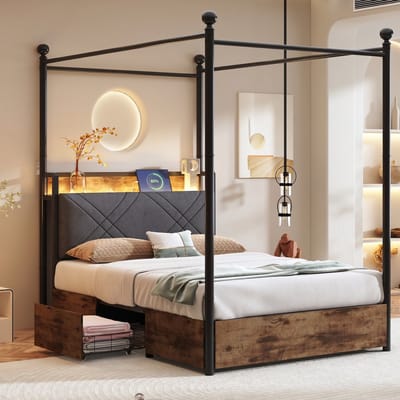 VVBV Hemelbed 90x190 cm - Opbergruimte, LED-Verlichting, USB-C, Huisdesign, Voor Kinderen/Tieners, 2 Lades - Metaal