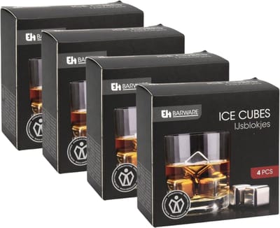Whiskey Stenen RVS – Herbruikbare IJsblokjes – 16 Stuks (4 Sets x 4) – Inclusief Bewaarbox – Voor Whisky, Cocktails & Dranken