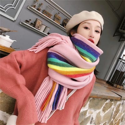 Winter Warme Sjaal Dames Gebreide Verdikte Sjaals Kasjmier Kwastjes Regenboog Strepen Designer Wrap Pashmina Mode Dame Vrouwelijk 45x200cm brown