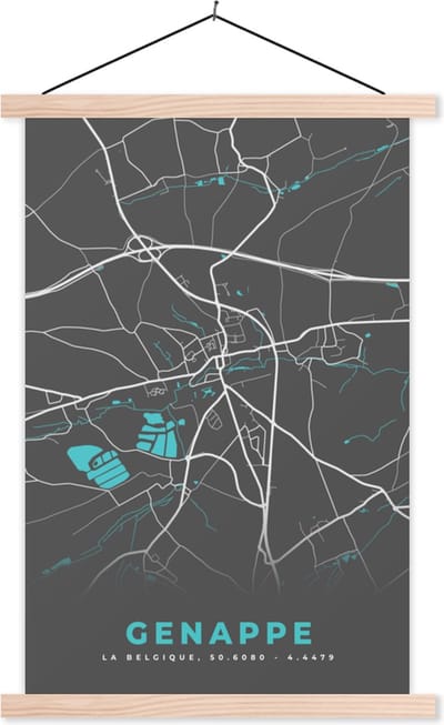 Posterhanger incl. Poster 40x60 cm - Schoolplaat - België – Genappe – Stadskaart – Kaart – Blauw – Plattegrond - Textielposter - Blanke latten - Stadskaart