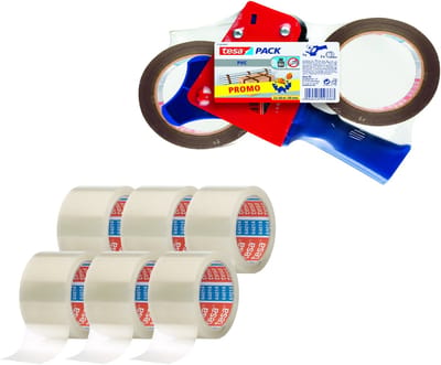 tesa verpakkingstape-set: handroller incl. 2 rollen + 6 rollen transparante verpakkingstape (66 m x 50 mm)