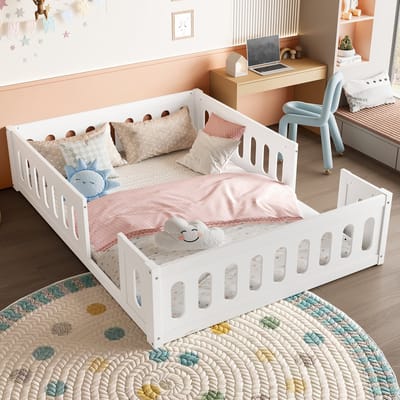 DESMIU Kinderbed 140x200 cm – Halfopen Bedhek Voor Veilig Spelen – Laag Platformbed Met Ruimte Onder Bed – Voor Kinderkamer – Wit – Zonder Matras