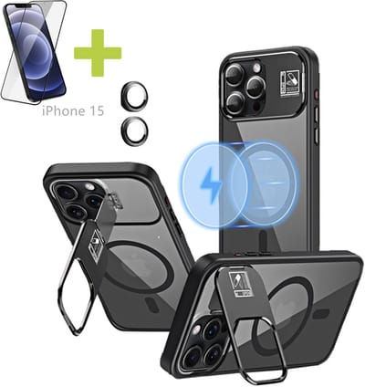 Hoesje voor iPhone 15 met Standaard, Compatibel met MagSafe, Acryl + TPU Case, Hoes ingebouwde Stash Stand-telefoonhoes, Ultradun-Zwart - Screenprotector