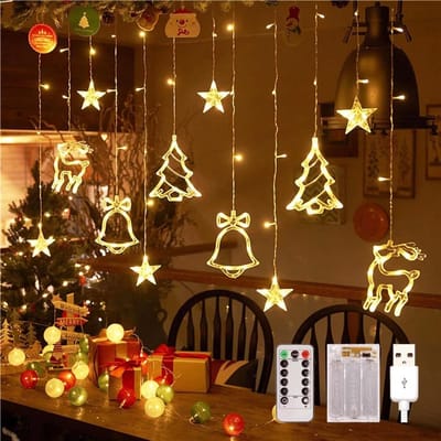 LED Kerstverlichting, 3,5M Lichtgordijn met Sterren, 8 Modi, Batterij + USB IP44, Kerstverlichting voor Raam, Raamverlichting, Kerstdecoratie voor Kerstmis Binnen Buiten, Balkon, Feest
