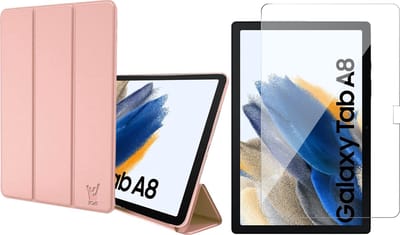 Hoes geschikt voor Samsung Galaxy Tab A8 2021 / 2022 - Trifold Smart Cover Book Case Kunstleer Tablet Hoesje Roségoud - Tempered Glass Screenprotector