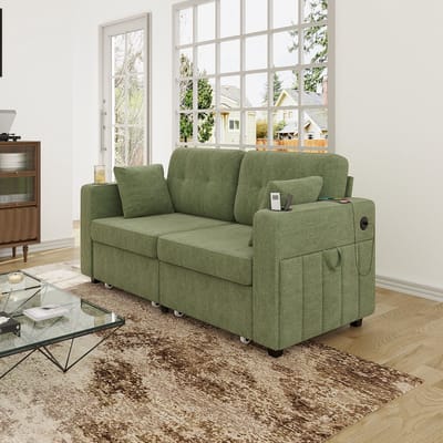 DESMIU Zitbank 172 Cm - 2-Zits Met Opberglades, USB-Aansluitingen, Bekerhouders En Zijvakken - Voor Woonkamer En Leeshoek - Chenille Olijfgroen