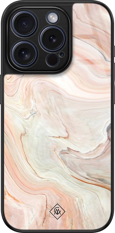 Casimoda® hoesje - Geschikt voor iPhone 15 Pro - Marmer Waves - Luxe Hard Case Zwart - Backcover telefoonhoesje - Bruin/beige