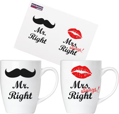 BRUBAKER Mr. Right & Mrs. Always Right Mokken Set Keramische koffiekopjes - 2 koffiemokken 300 ml met wenskaart en geschenkverpakking
