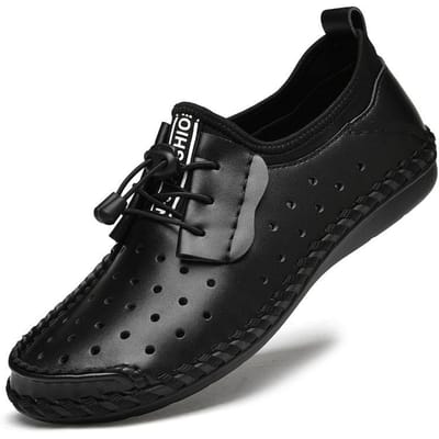Zomer Slip-on Lofter Heren Leer Gaten Schoenen Heren Rijden Casual Leren Schoenen Ademend Erwtjes Board Schoenen Mode 47 zwart