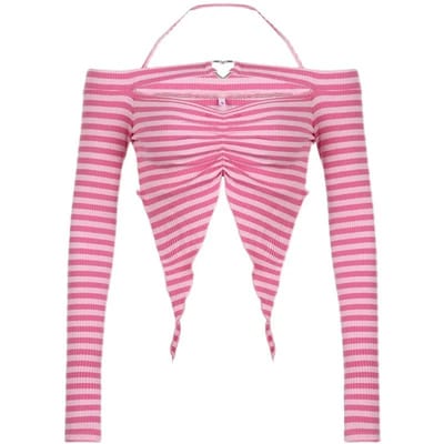 Y2K roze gestreept slank T-shirt dames onregelmatig halter crop top T-shirt korte strapless top sexy egirl hotsweet lente en zomer One Size roze