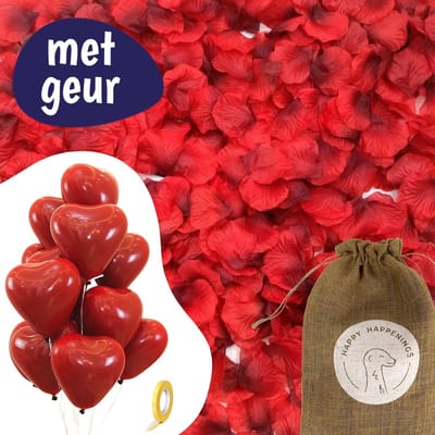 Rode Rozenblaadjes met Hartjes Ballonnen - 1000 Stuks - Met geur - Romantische Versiering - Valentijn Decoratie - Liefde Pakket - Love - Cadeautje voor Hem & Haar
