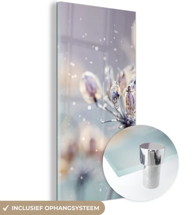 MuchoWow® Glasschilderij 60x120 cm - Schilderij acrylglas - Bloemen - Sneeuw - IJs - Winter - Botanisch - Foto op glas - Schilderijen