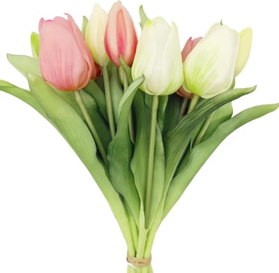 Kunstmatige Tulpenboeket met 6 Tulpen en 4 Edelstenen voor Lente Decoratie en Bruiloften, Real Touch Tulpen in Roze en Wit