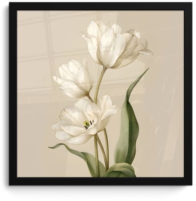 Poster in lijst - Fotolijst 40x40 cm - Posters - Tulpen - Wit - Bladeren - Posterlijst zwart - Decoratie - Wanddecoratie woonkamer - Muurdecoratie slaapkamer
