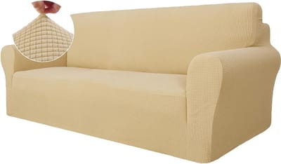 Stretch bankovertrek, 3-zits, elastische bankovertrek met armleuningen, wasbare pasvorm, bankovertrek met antislip schuimstrepen, bankhoes voor honden en huisdieren, beige
