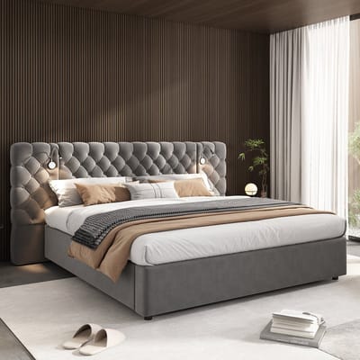 DESMIU Gestoffeerd Bed 180x200 Cm - Bed Met Leeslamp En Oplaadfunctie - Hydraulische Opbergruimte Onder Het Bed - Voor Slaapkamer - Fluweel - Grijs - Zonder Matras