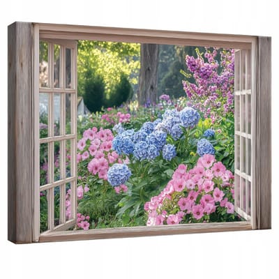 WALLARENA - Canvas schilderij - 100x70 cm - afbeelding van een raam met een tuin en bloemen voor de slaapkamer, woonkamer en keuken