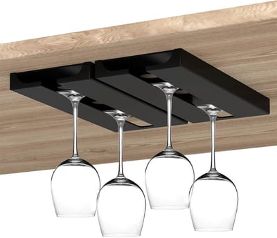Hanging glazenrek voor wijn, zonder boren, onder kast en plank, organizer voor glaswerk en baraccessoires (4 stuks, zwart)
