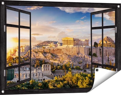 Gards Tuinposter Doorkijk Akropolis van Athene, Griekenland - Architectuur - 90x60 cm - Tuindoek - Tuindecoratie - Wanddecoratie buiten - Tuinschilderij