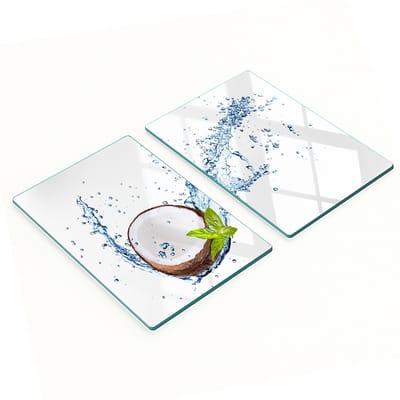 Decoratieve glazen snij- en serveerplanken met kokosnoot- en watermotief, 2x40x52 cm