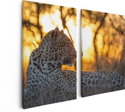 Artaza Canvas Schilderij Tweeluik Luipaard Tijdens De Zonsondergang - 80x60 - Foto Op Canvas - Canvas Print