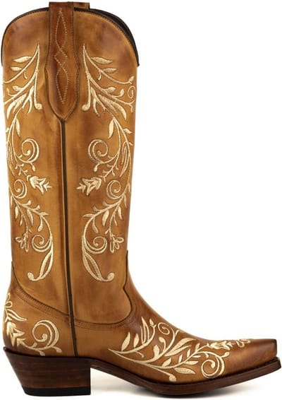 Mayura Boots 2669 Cognac/ Spitse Cowboy Western Line Dance Dames Creme Geborduurd Bloemmotief Laarzen Schuine Hak Echt Leer Borduren Maat EU 37