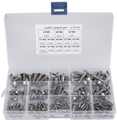 180-delige roestvrijstalen schroeven set met ronde kop, zelftappend, M3 M4 M5 M6 assorti in plastic opbergdoos
