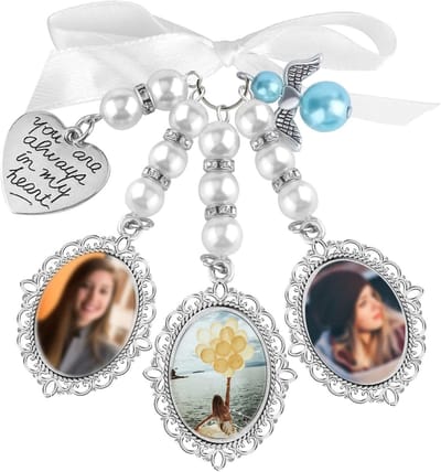 Boeket Hanger - Bruiloft Decoratie - Bruidsboeket Versieren - Met 3 Fotolijsten - 30x40mm Lijst - Zilver Wit Blauw