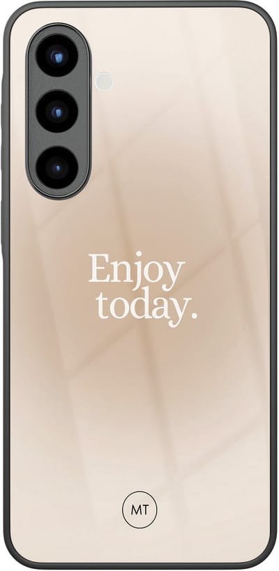 Hoesje geschikt voor Samsung Galaxy A56 - Enjoy today - Hard Case Zwart Back Cover - Tekst - Beige - Mooie Telefoonhoesjes