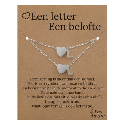 Letter L ketting + armband set op Cadeau Kaartje - Een letter, een belofte - Zilverkleurig Stainless Steel - Initiaal & Hartje Hanger - Pax Amare