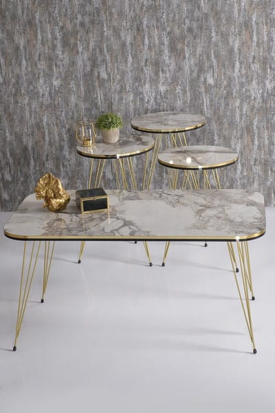 Bijzettafel en Middentafel - Goudchromen Poot - Salontafel Set - Gouden Efes-draad - Wit en Marmer - Marmeren Look - Set van 4 - Luxe Design - Bijzettafel - Woonkamer Tafel - Salon Tafel