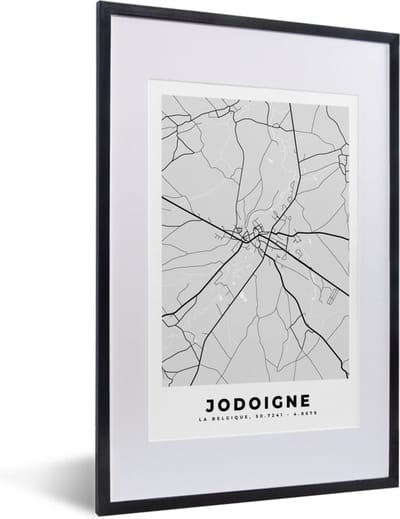 Fotolijst incl. Poster Zwart Wit- Stadskaart – Plattegrond – België – Zwart Wit – Jodoigne – Kaart - 40x60 cm - Posterlijst