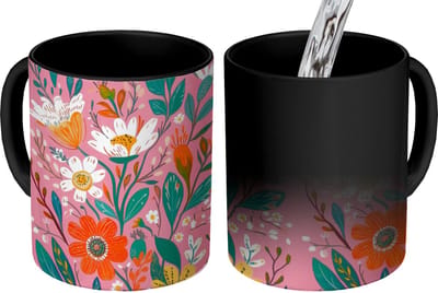 Magische Mok - Foto op Warmte Mokken - Koffiemok - Roze - Bloemen - Wit - Oranje - Magic Mok - Beker - 350 ML - Theemok