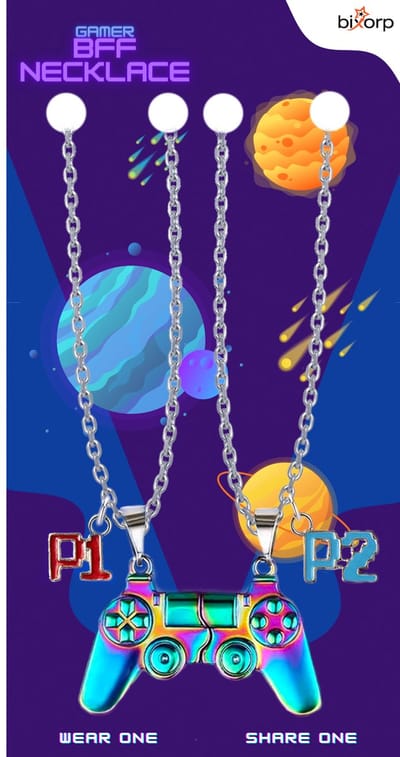 Bixorp Gamer BFF Ketting voor 2 met Magnetische Controller Hanger - Player 1 & Player 2 - Gaming Cadeau voor Beste Vrienden - Regenboog - 45cm