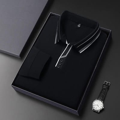 Herfst Nieuw Heren Revers Lange Mouw T-shirt Middenleeftijd Vrije Tijd Mode Normaal Heren Top XXXXL black