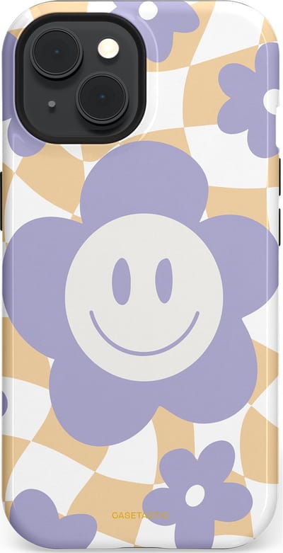 Casetastic hoesje geschikt voor Apple iPhone 15 - MagSafe - Dubbellaagse bescherming - Madeliefjes magie - Fashion Case - Lila Wit Zand Lichtgrijs