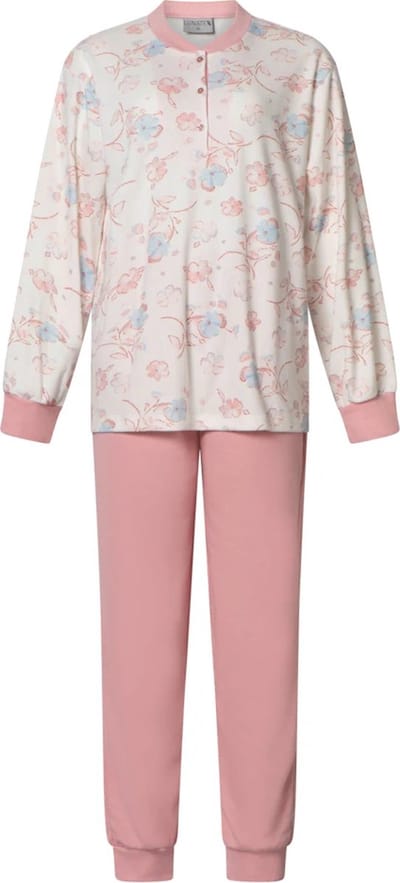 Lunatex dames pyjama interlock licht geruwd - maat M - Flower - roze