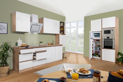 Goedkope keuken 385 cm - complete keuken met apparatuur Lorena - Eiken/Wit - soft close - keramische kookplaat - afzuigkap - oven - magnetron - spoelbak