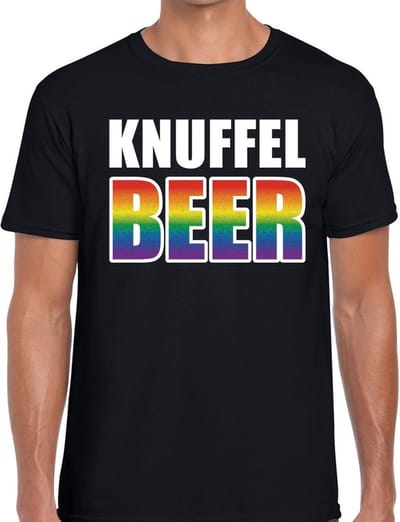 Knuffel beer gaypride t-shirt - zwart shirt met regenboog tekst voor heren - Gay pride S