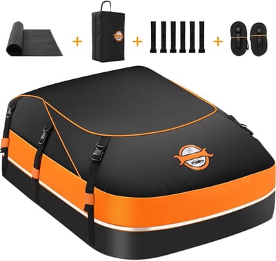 Famanu - Autodakkoffer 21 kubieke voet / 595 liter, waterdicht, 1000D materiaal, met 8 riemen en 6 deurhaken – Zwart
