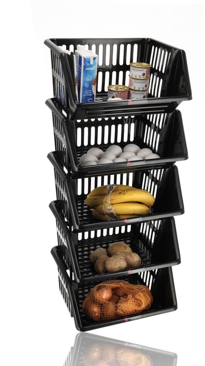 Stapelbare Opbergkratten Set van 5 – Zwarte Opbergmanden / Groentemand & Fruitmand Keuken – Mandenrek voor Aardappelen, Uien en Blikjes – Stapelkratten voor Schuur, Keuken of Voorraadkast