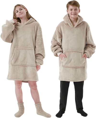 SHERRY - oversized hoodie deken tiener - 60x90 cm - snuggle hoodie met sherpa voering - tieners - fleece deken met mouwen en capuchon - beige