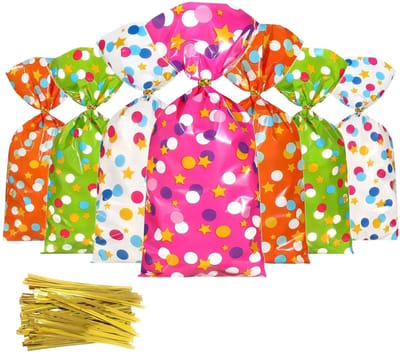 50x Uitdeelzakjes Gekleurd Met Sterren En Stippen - 12.5x27.5cm - 50 Stuks - Traktatie Zakjes Voor Uitdeelcadeautjes - Uitdeelzakjes Feestje - Verjaardag - Feestje - Mix - 50 Stuks