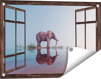 Gards Tuinposter Doorkijk Olifant bij het Water - 60x40 cm - Tuindoek - Tuindecoratie - Wanddecoratie buiten - Tuinschilderij