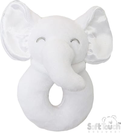 Soft Touch Rammelaar Olifant Junior 12 Cm Polyester Wit Met Satijnen Oortjes