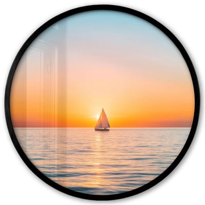 Poster in lijst Rond - Fotolijst 40x40 cm - Posters - Zee - Zeilboot - Zonsondergang - Ronde posterlijst zwart - Decoratie - Wanddecoratie woonkamer - Muurdecoratie slaapkamer
