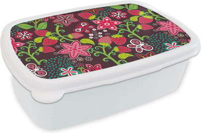 Broodtrommel Wit - Lunchbox - Brooddoos - Meisjes - Fruit - Bloemen - Patronen - Girl - Kids - Kinderen - Kindje - 18x12x6 cm - Volwassenen