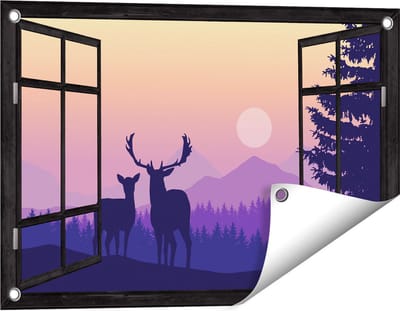 Gards Tuinposter Doorkijk Twee Herten - Zonsondergang - Silhouet - 60x40 cm - Tuindoek - Tuindecoratie - Wanddecoratie buiten - Tuinschilderij