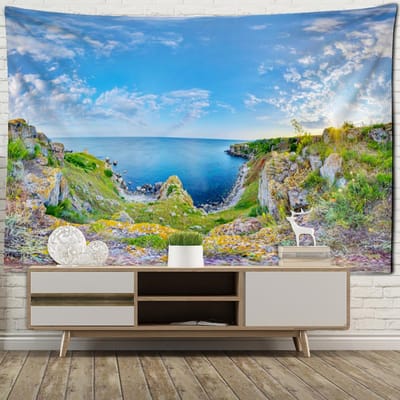 Zeegezicht Bergen en Rivieren Wandtapijt Wandhanger Boheems Landschap Psychedelisch Woonkamer Achtergronddoek Huisdecoratie 95x70cm blue